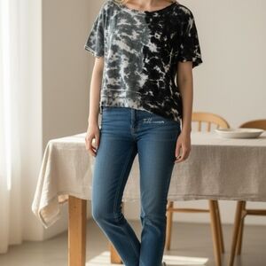 Y2K Black Gray Tie Dyed Short Sleeve Top Fringe Loose Fit Fringe Goth Vamp XS